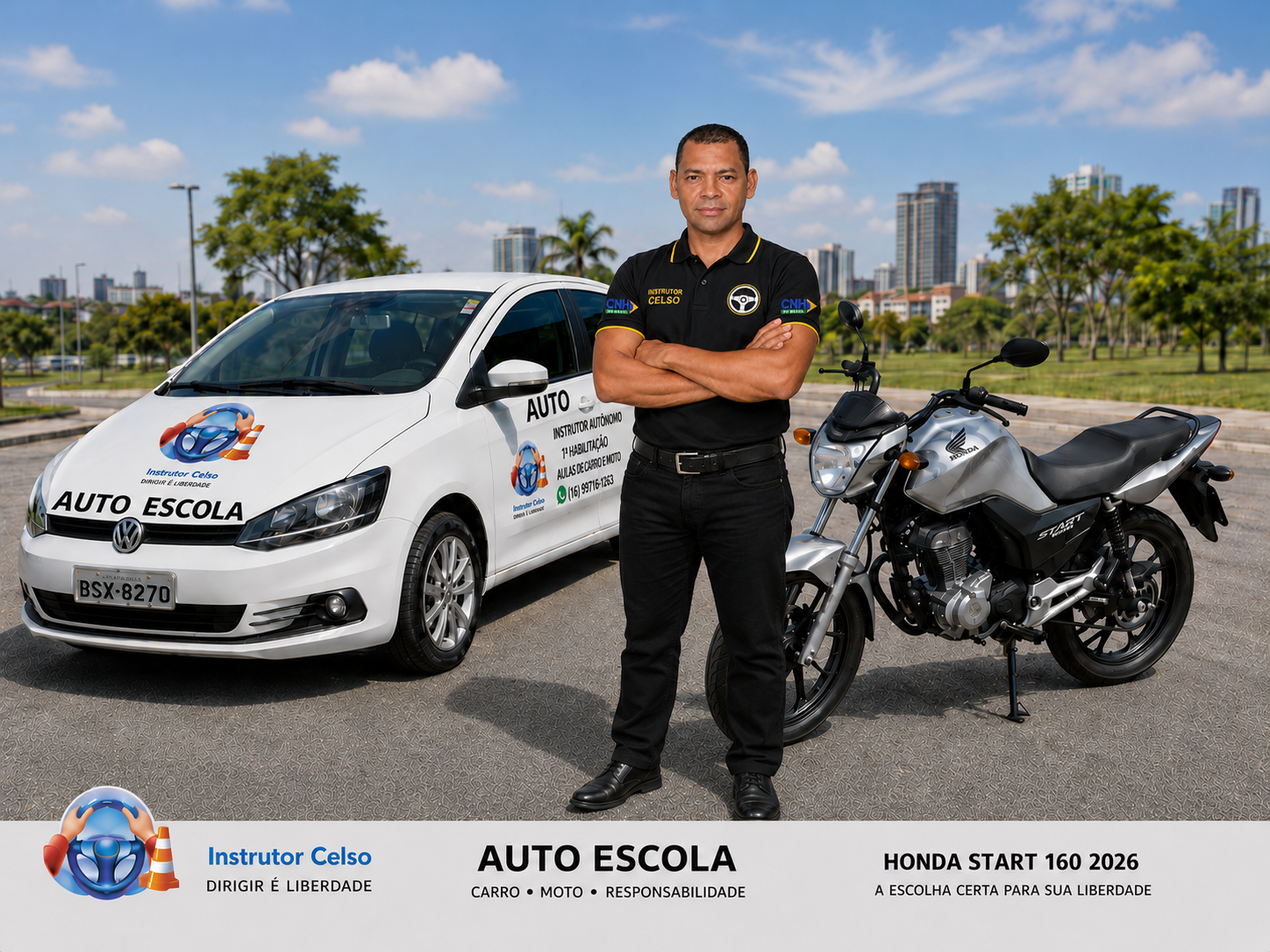 Instrutor Celso ao lado do carro de autoescola e da moto Honda Start 160