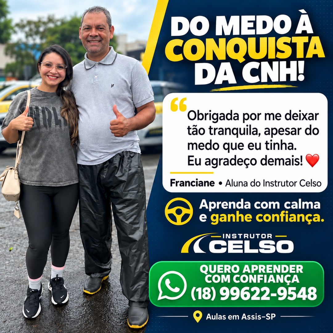 Franciane e Instrutor Celso sorrindo e fazendo sinal de positivo. Ao lado, o título “Do medo à conquista da CNH!” e o depoimento da aluna agradecendo por se sentir tranquila apesar do medo. O banner convida a aprender com confiança e informa o WhatsApp (18) 99622-9548, para aulas em Assis–SP.